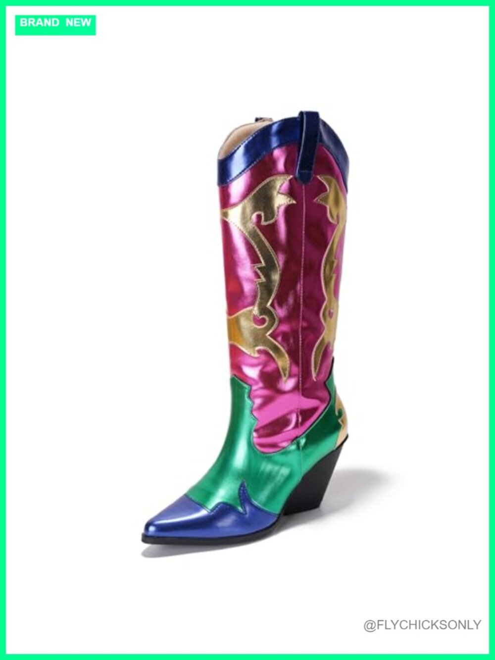Metallic Colorblock Cowboy Boots Mid Calf 3 Inch Heel Pointed Toe Faux Leather